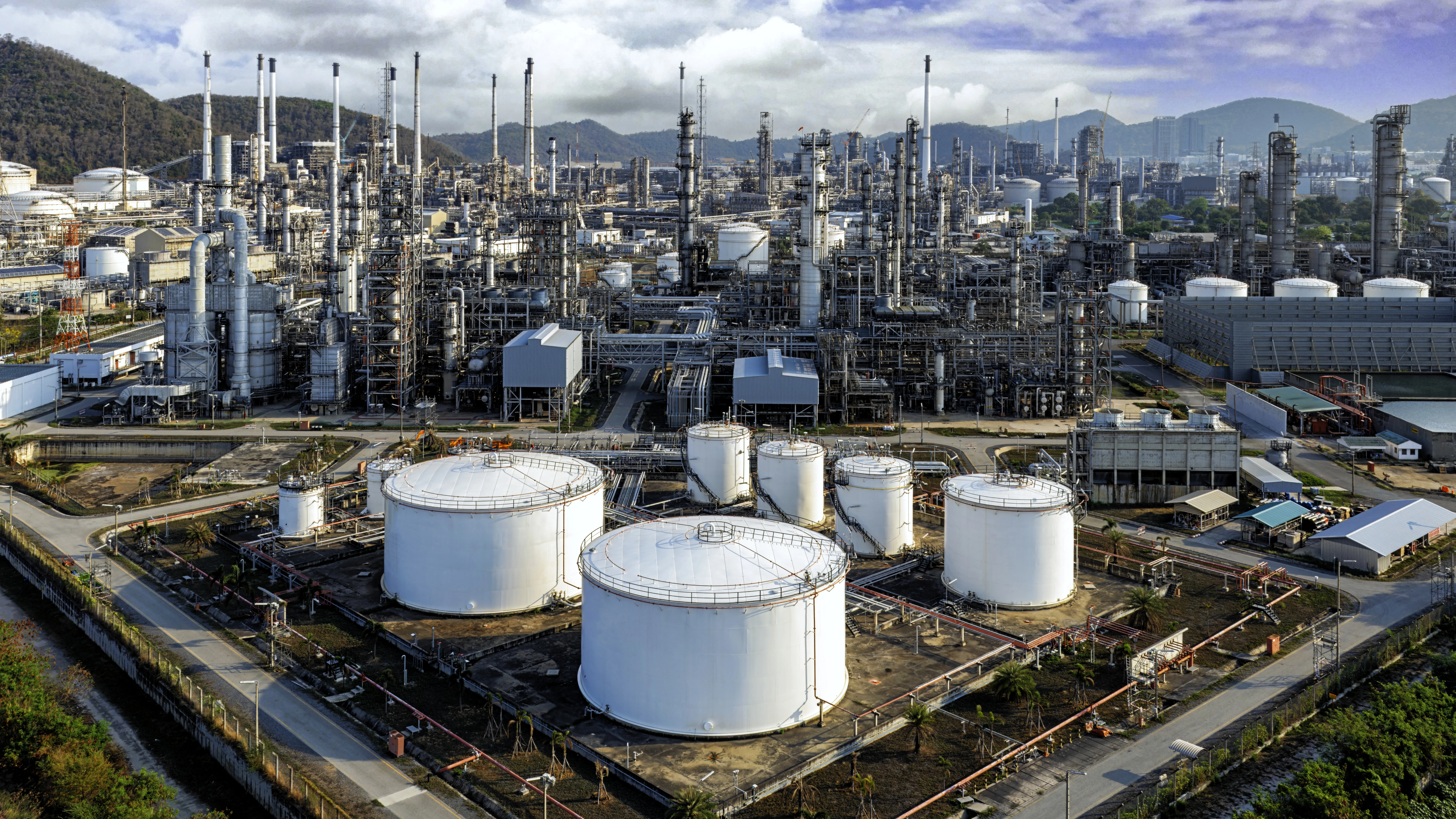Aerial view oil refinery for oil or gas chemical and petrochemical plant. - stock photo
