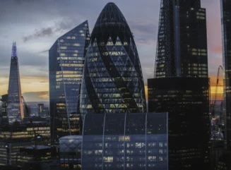 Twilight Skyline of London's Financial District in London, England, UK