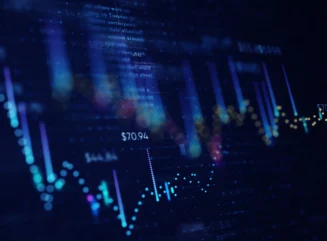 3D illustration of financial business chart with diagrams and stock numbers showing profits and losses over time dynamically