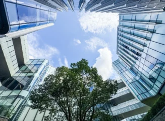 Looking up at the City Financial Building from a low angle